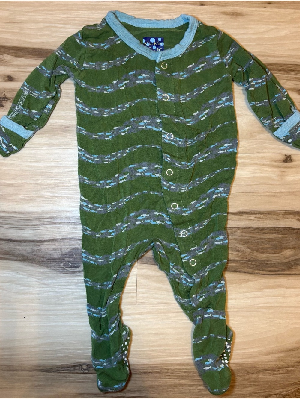 Kickee Pants Bamboo Green Fish Footed One-Piece with Light Blue Trim